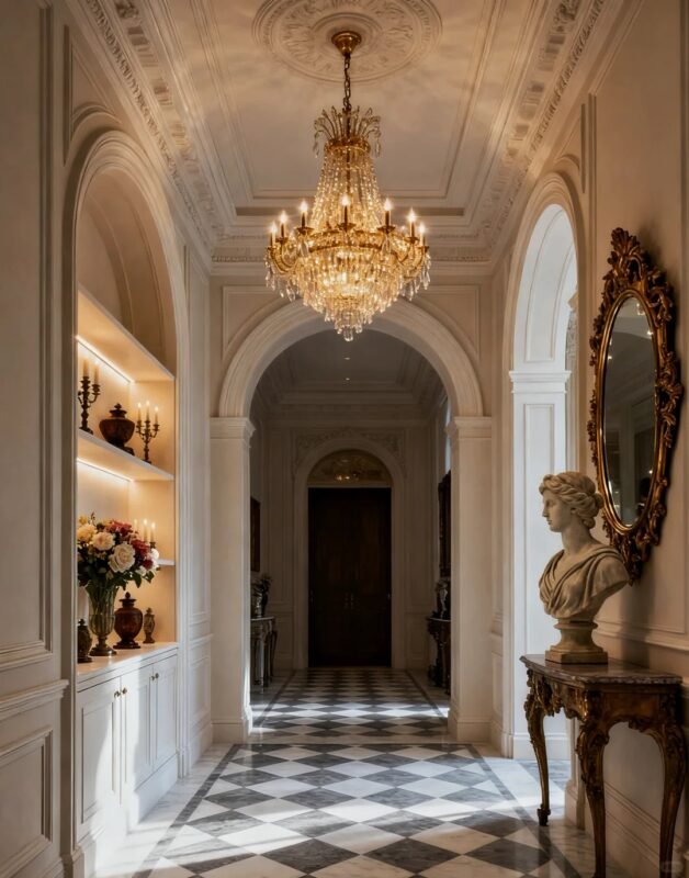 French classical villa millwork and gold leaf custom joinery in grand living room