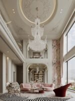 Modern french luxury millwork in double-height villa living room