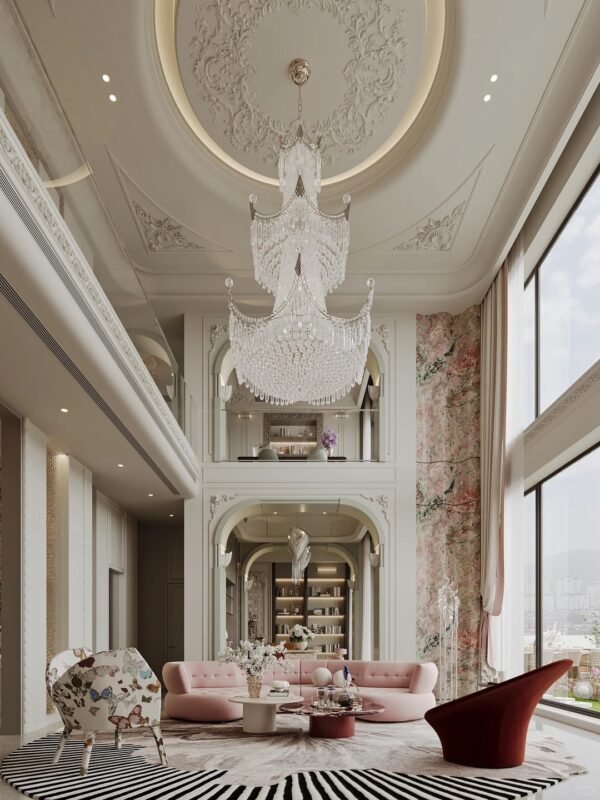 Modern french luxury millwork in double-height villa living room